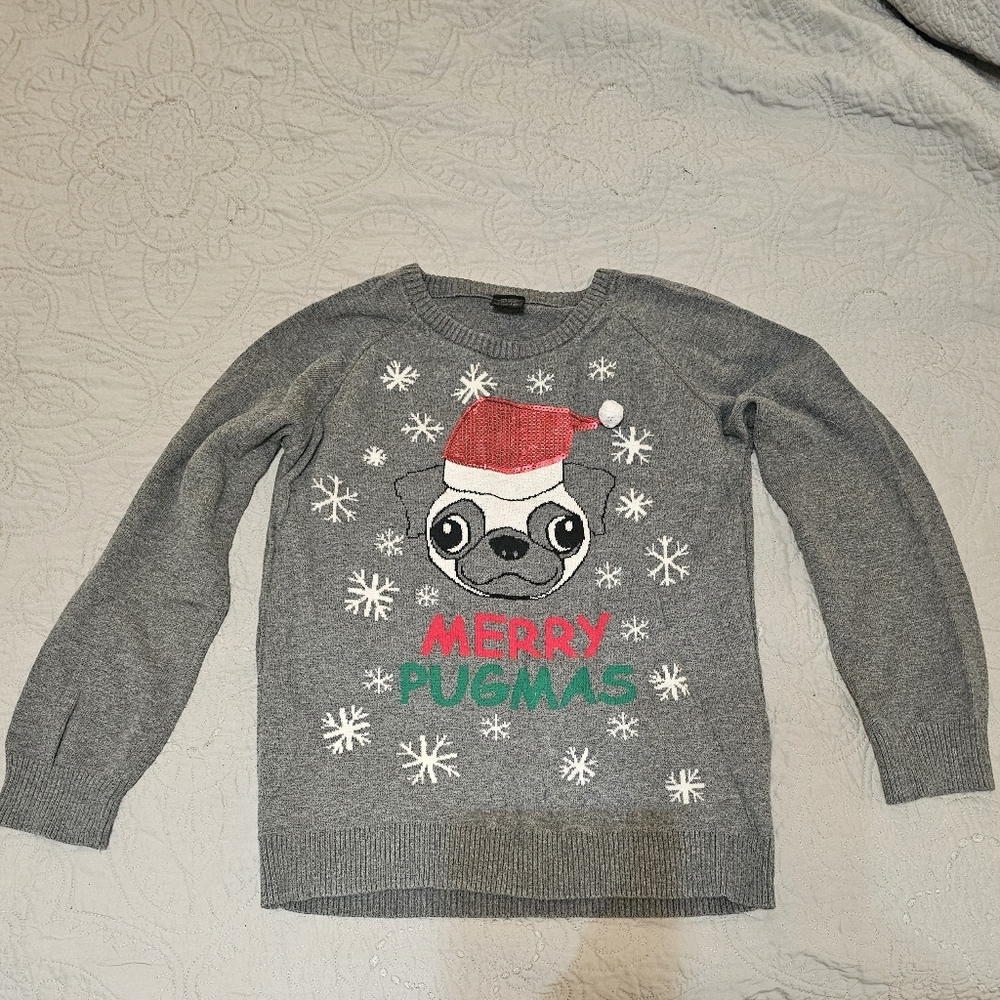 Gray Merry Pugmas Sweater. Size L(10)